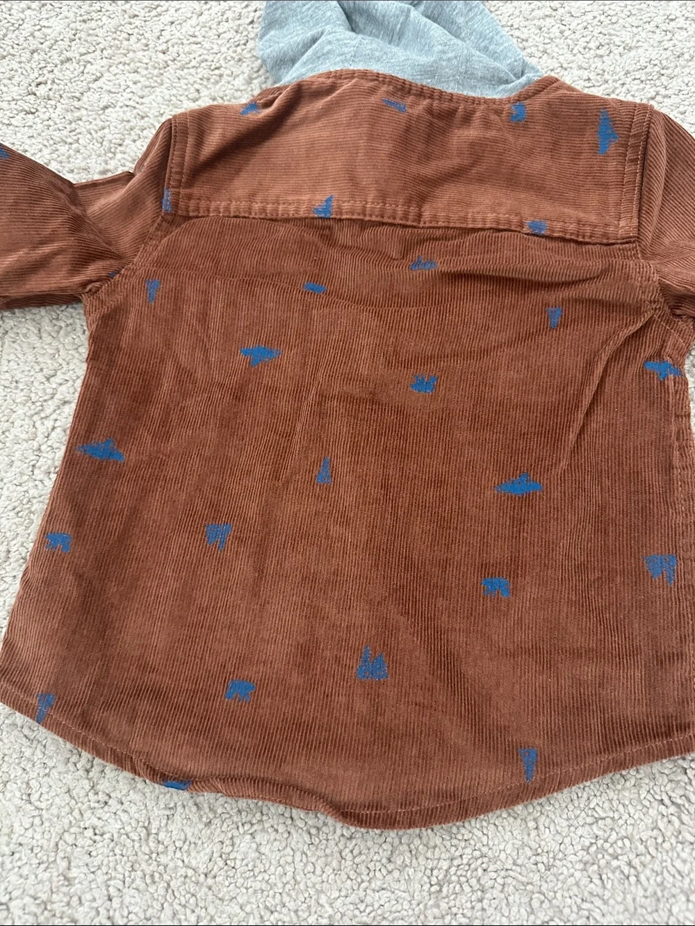 OshKosh B'gosh Brown Corduroy Hooded Shirt with Gray Hood and Blue Accents